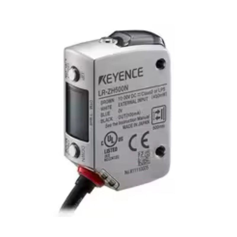 Keyence LR-ZH500P CMOS laser sensor with 35-500 mm range, PNP output, and IP68/69K-rated stainless steel housing for industrial applications.