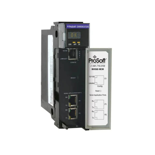 MVI56-MCM Modbus communication module for ControlLogix, dual RS-232/422/485 ports, supports Master and Slave, Modbus RTU/ASCII.