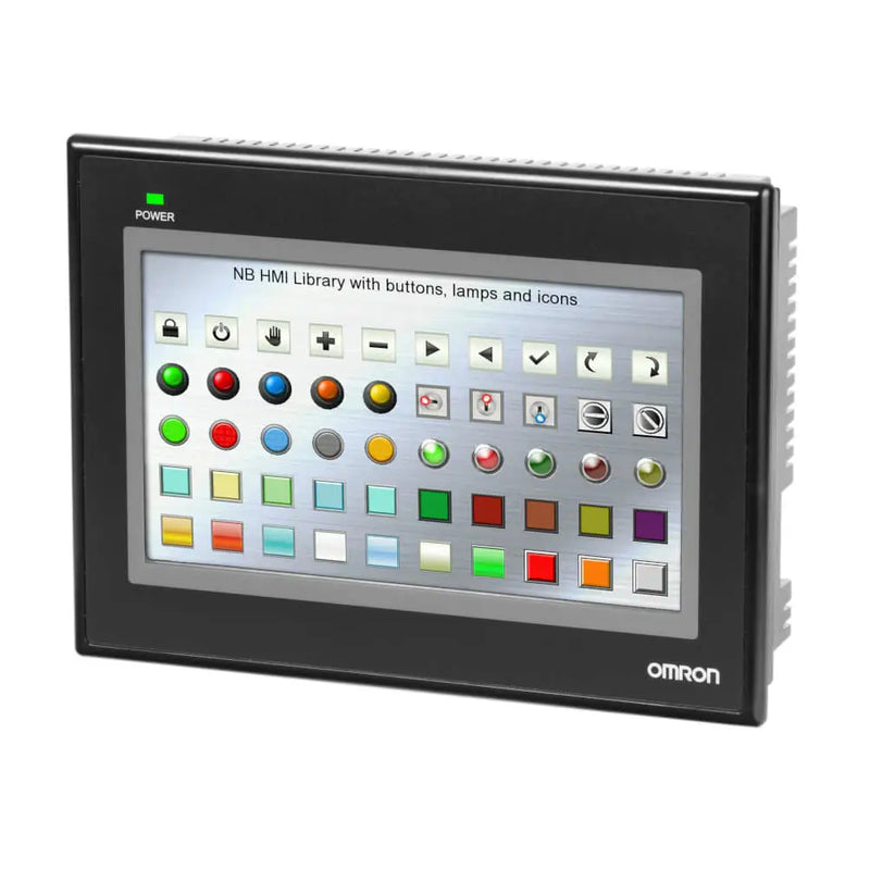 Omron NB7W-TW01B 7-inch TFT color HMI with 800×480 resolution, Ethernet, and USB host for industrial machine control.