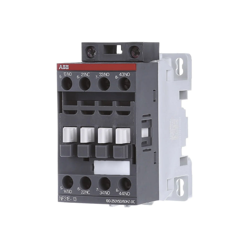 ABB NF31E-13 3-pole reversing contactor with 24V DC coil, 3NO + 1NC, compact IEC design for reliable motor control.