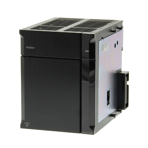 Omron NJ-PD3001 DC power supply unit with 24 VDC input, 5 VDC/6.0 A and 24 VDC/1.0 A outputs, and RUN output indicator for NJ-Series controllers.