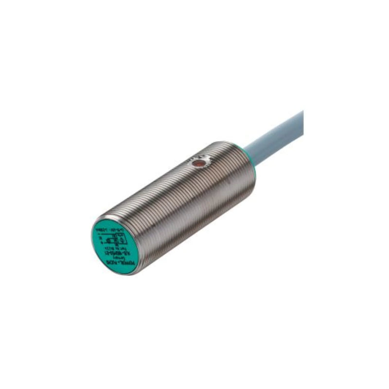 Pepperl+Fuchs NJ5-18GM50-E2 inductive sensor, 5 mm range, PNP output, M18 housing, M12 connector, IP67 rating.