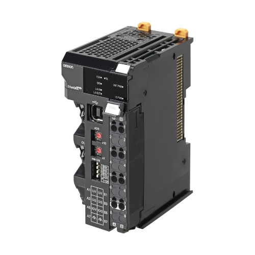 Omron NX-ECC203 EtherCAT coupler unit with functional safety support, connects up to 63 NX I/O units for fast, safe industrial automation.