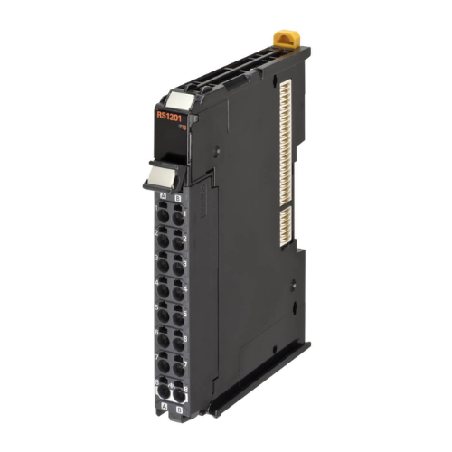Omron NX-RS1201 load cell input unit with 24-bit resolution, 125 μs conversion time, and IP20 rating for precise industrial weight measurements.