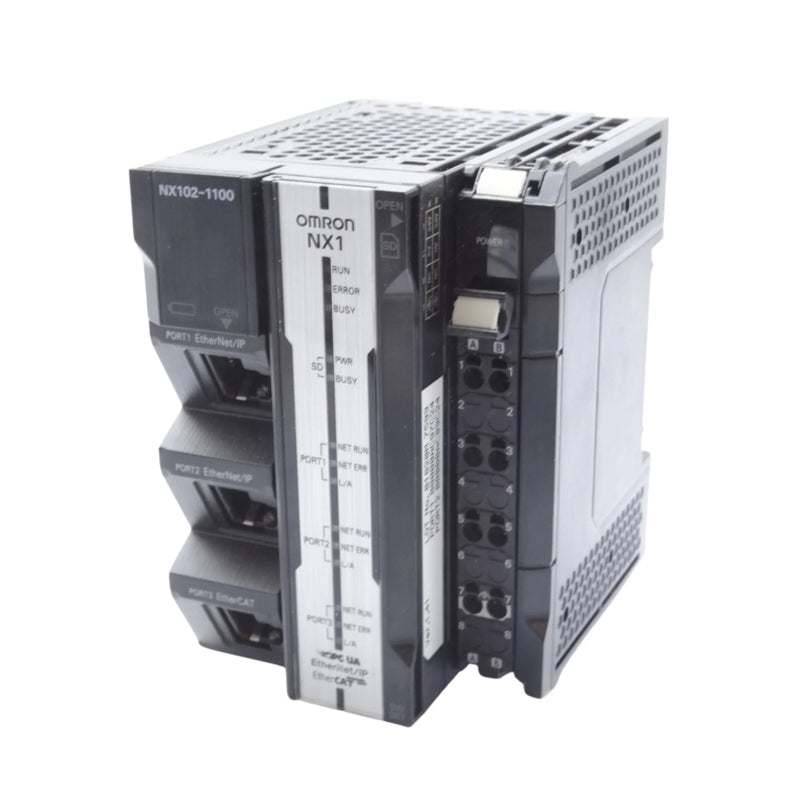 Omron NX102-1100 machine automation controller with support for 8 axes, 5 MB program memory, EtherCAT, EtherNet/IP, and OPC UA connectivity.