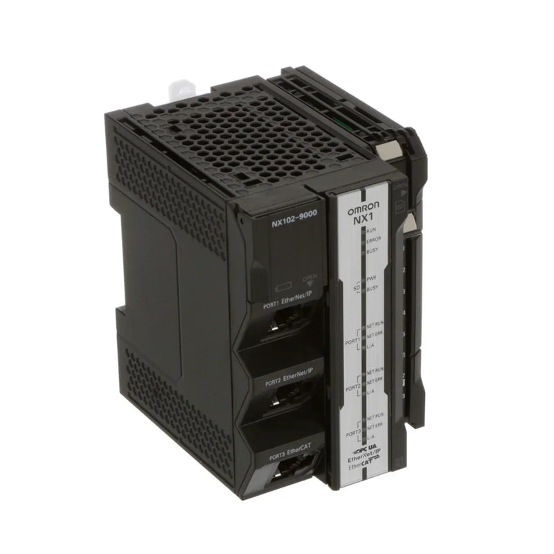 Omron NX102-9000 automation controller with EtherCAT and EtherNet/IP for high-speed machine control. NX Series, compact and powerful.