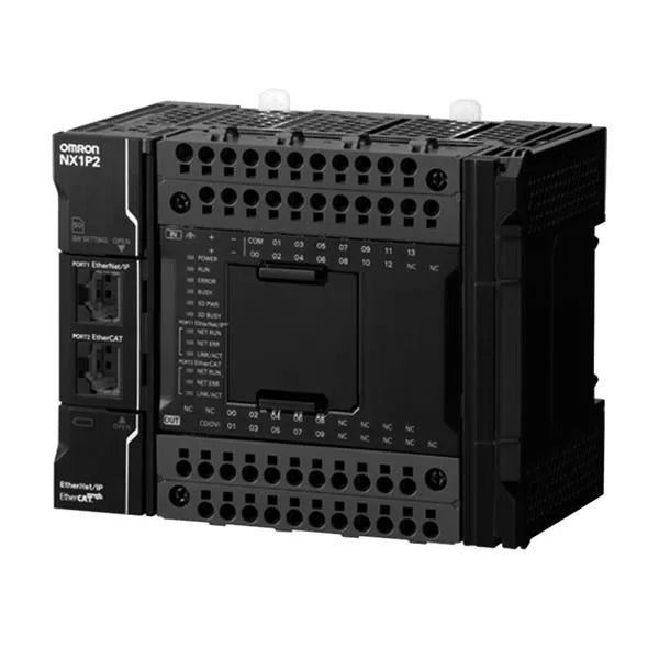 Omron NX1P2-9024DT1 Machine Automation Controller with 24 digital I/O points, EtherCAT, and EtherNet/IP ports for compact industrial automation.