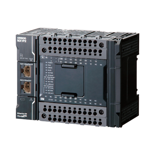 Omron NX1P2-9024DT compact machine automation controller with 24 built-in I/O points, EtherCAT and EtherNet/IP ports, and 1.5 MB program memory.