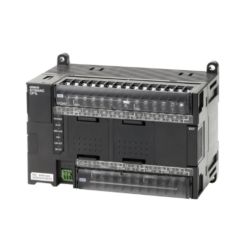Omron NX1P2-1040DT1 compact PLC with 24 inputs, 16 transistor outputs, EtherCAT, EtherNet/IP, and motion control for industrial automation.