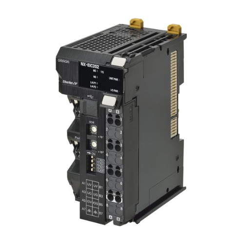Omron NX-ECC202 EtherCAT coupler unit for NX-Series, connects up to 63 I/O units with high-speed 125 µs cycles in industrial automation.