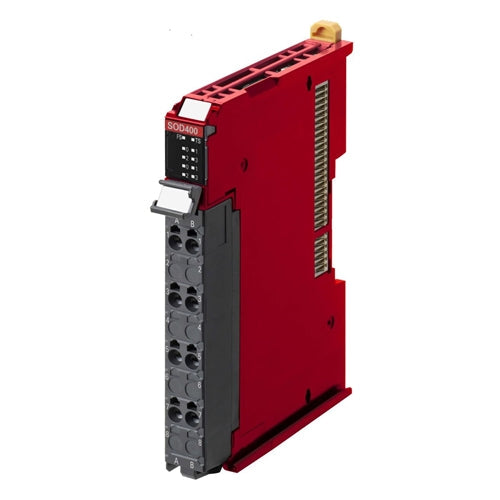 Omron NX-SOD400 4-channel safety output module, 24V DC PNP, CIP Safety over EtherNet/IP, PLe/SIL3 rated for NX safety systems.