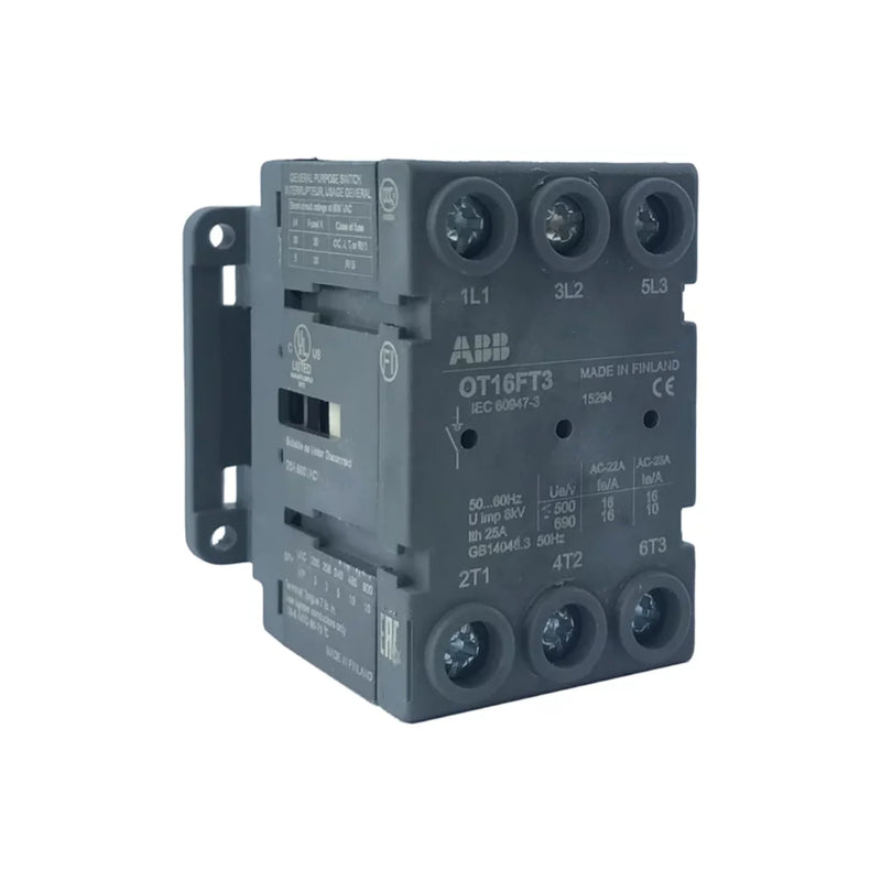 ABB OT16FT3 switch disconnector, 3-pole, 16 A, door-mounted with screw terminals.