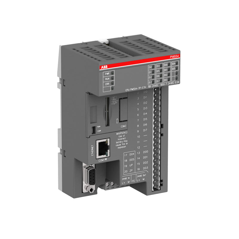 ABB PM554-TP-ETH PLC CPU, 24 V DC, Ethernet, 8 digital inputs, 6 digital outputs, AC500 series compact controller.