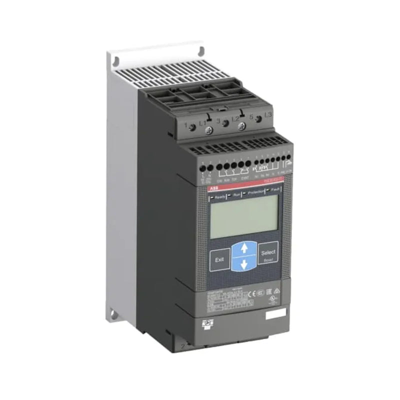 ABB PSE18-600-70 soft starter, 18 A, 600 V, with LCD display and built-in bypass for motor control.