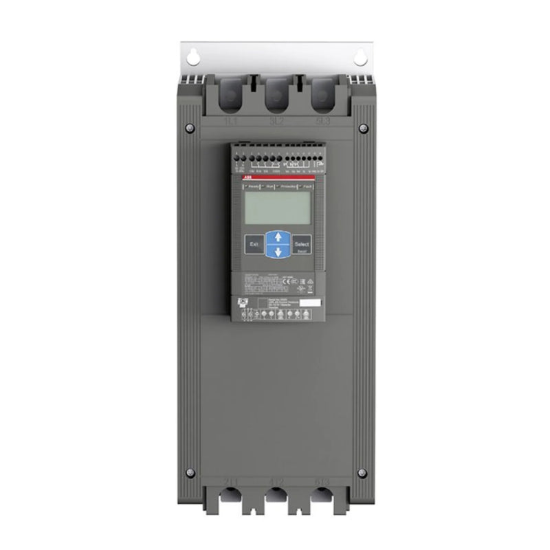ABB PSE210-600-70-1 soft starter, 210 A, 600 V AC, built-in bypass, LCD display, torque control for motor protection.