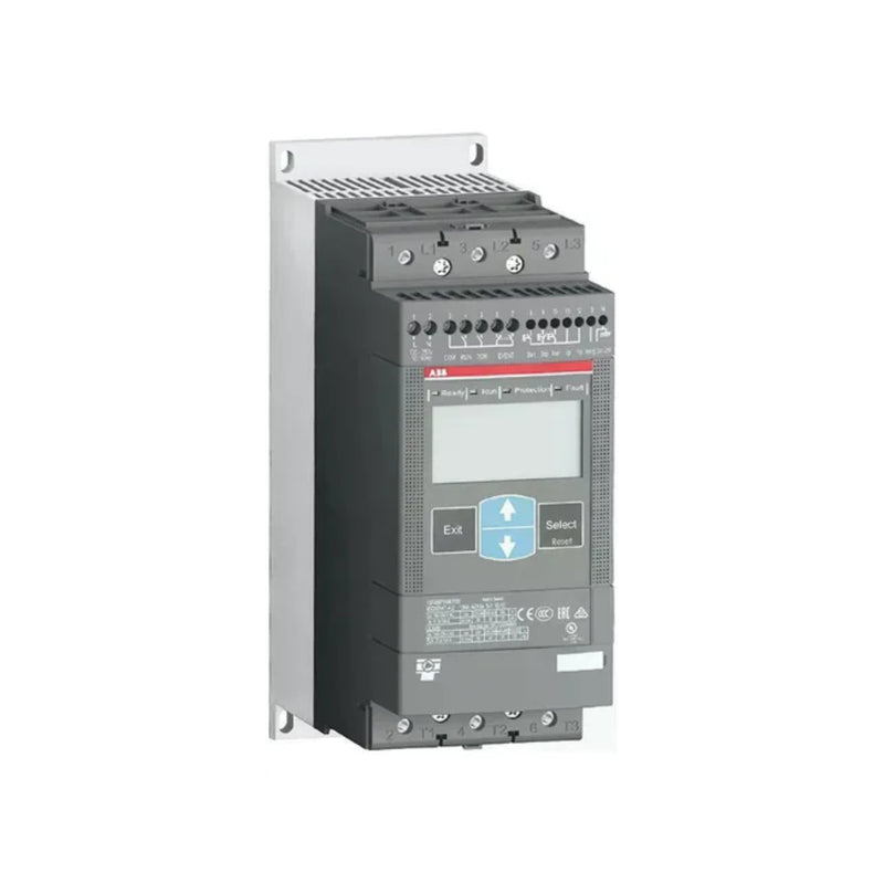 ABB PSE25-600-70 softstarter, 25 A, 600 V AC, compact with LCD display and built-in bypass for efficient motor control.