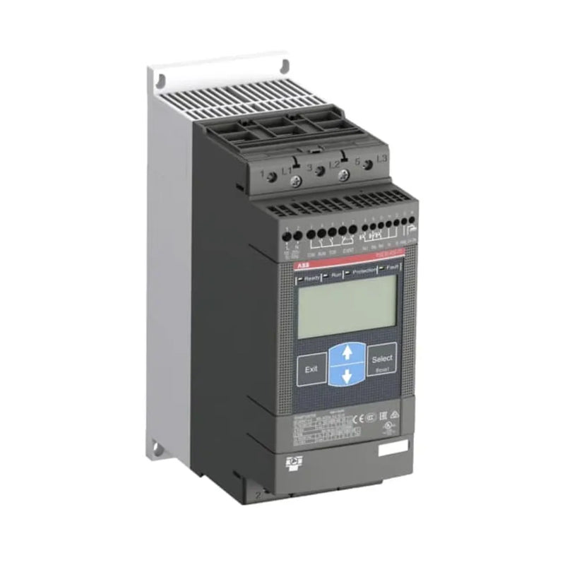 ABB PSE37-600-70 softstarter with 37 kW at 600 V, built-in bypass, ideal for pumps and fans, compact and efficient motor starting solution.