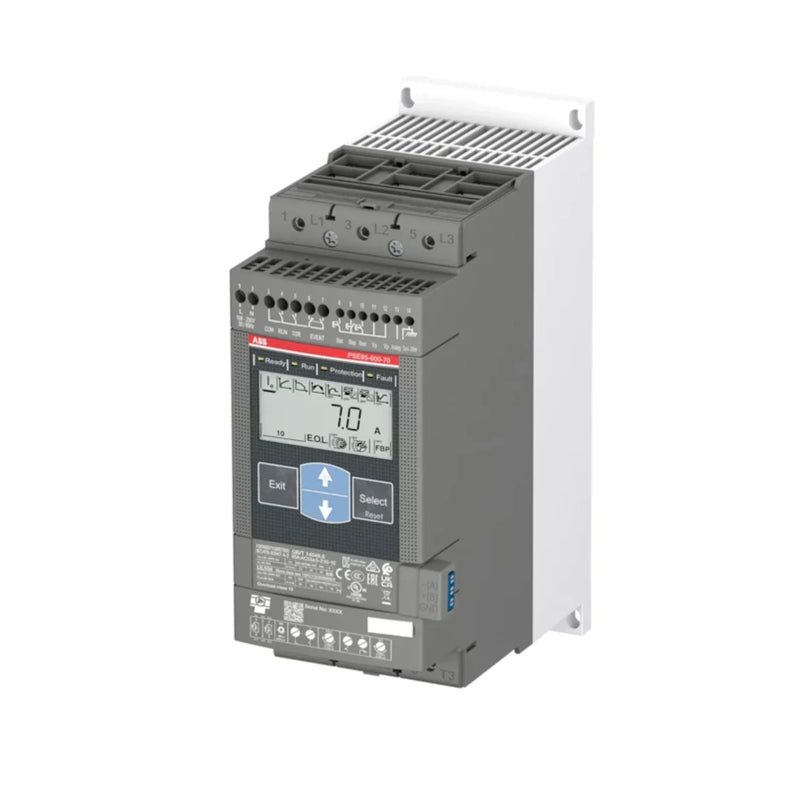 ABB PSE370-600-70-1 softstarter, 370 kW, 600V AC, built-in bypass, torque control, compact motor control for industrial applications.