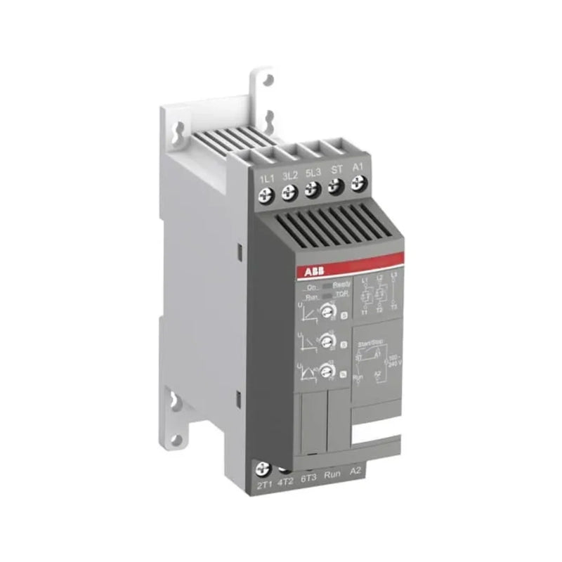 ABB PSR12-600-70 compact soft starter, 5.5 kW, 12 A, 600 V with built-in bypass, ideal for efficient motor start and stop in industrial automation.