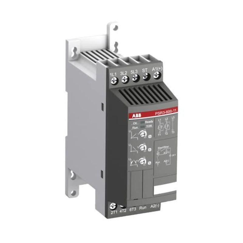 ABB PSR3-600-11 soft starter, 600V, 3A, compact design, built-in bypass, smooth motor start and stop solution.