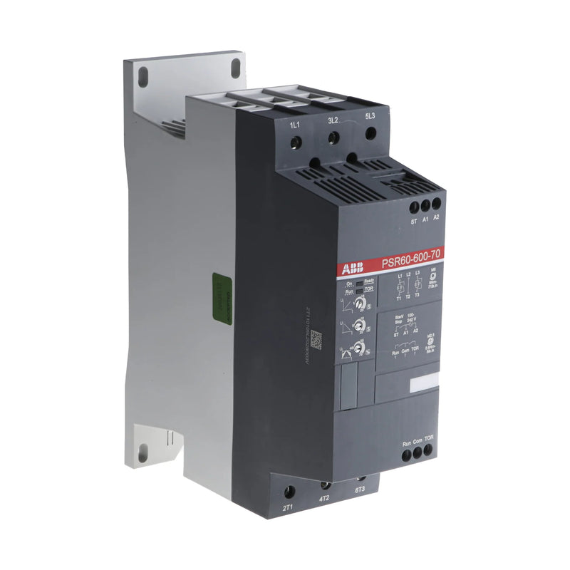 ABB PSR60-600-70 soft starter, 60 A, 600 V, with bypass for compact motor control.