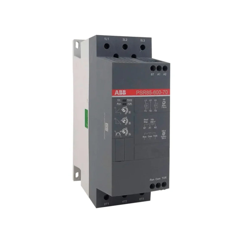 ABB PSR85-600-70 soft starter, 85 A, 600 V, with built-in bypass for motor control.