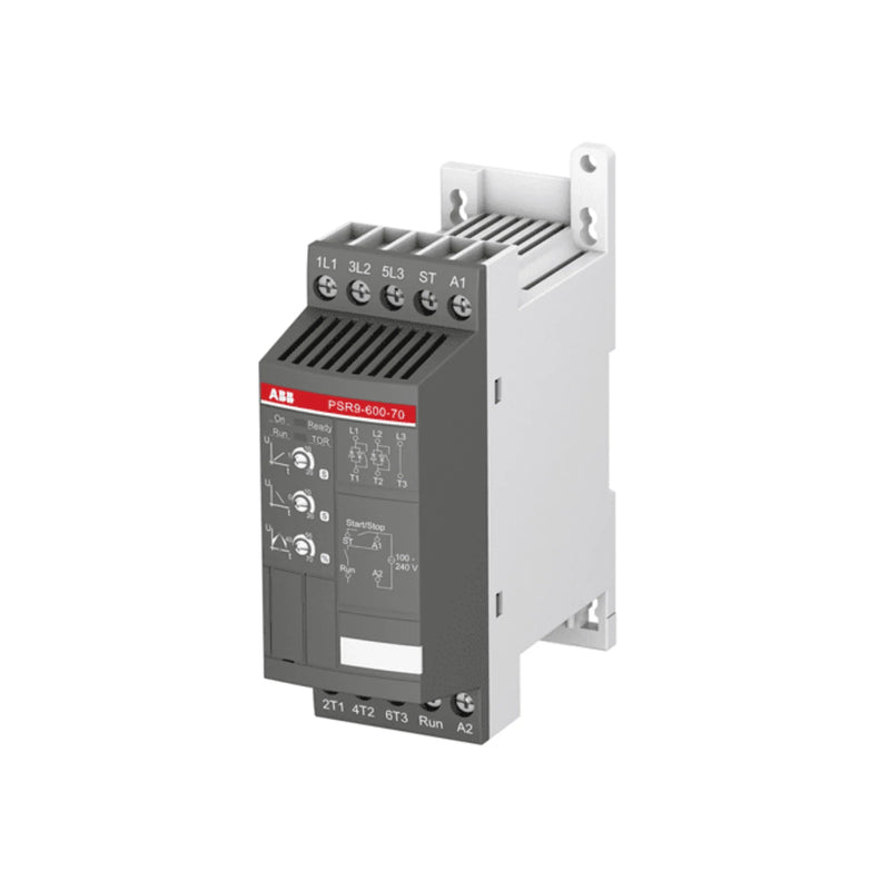 ABB PSR9-600-70 soft starter, 9 A, 600 V, with compact design and built-in bypass.