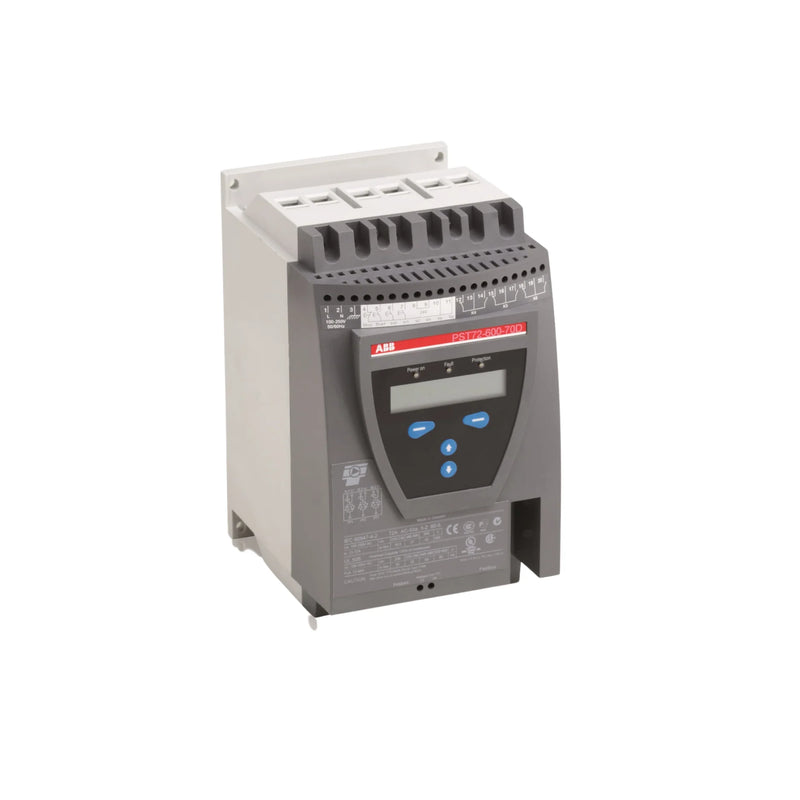 ABB PST72-600-70 soft starter, 72 A, 600V, 3-phase with bypass, basic motor protection for HVAC, pumps, and small industrial loads.