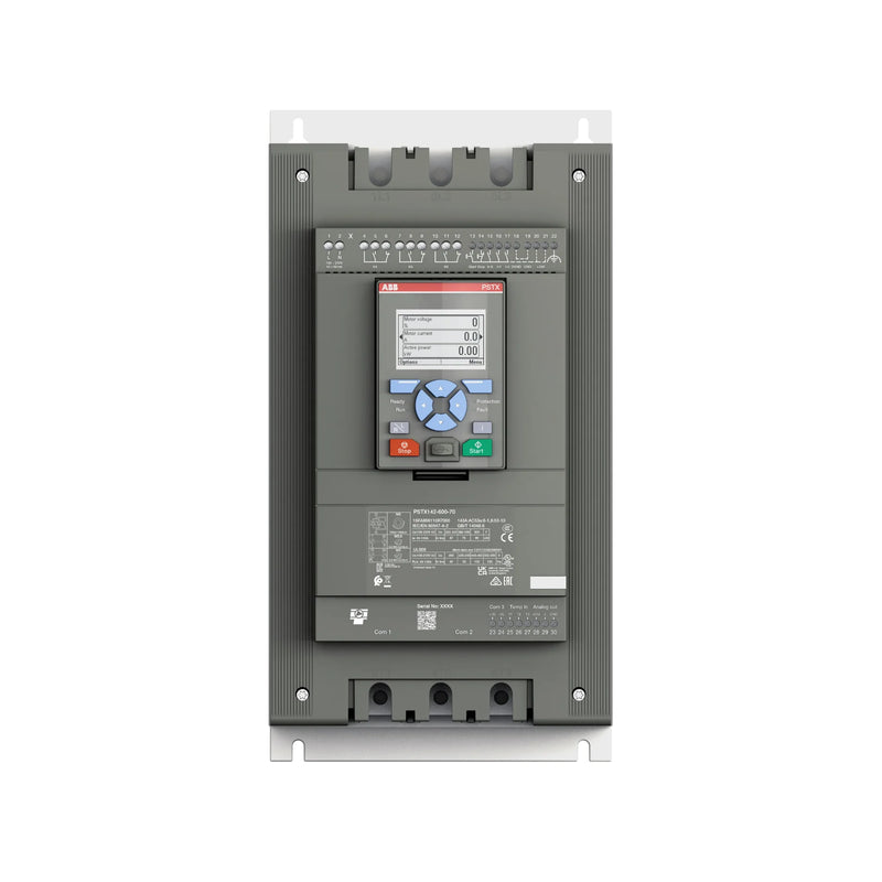 ABB PSTX142-600-70 142 A softstarter, 600 V, with built-in bypass and advanced motor protection for industrial applications.