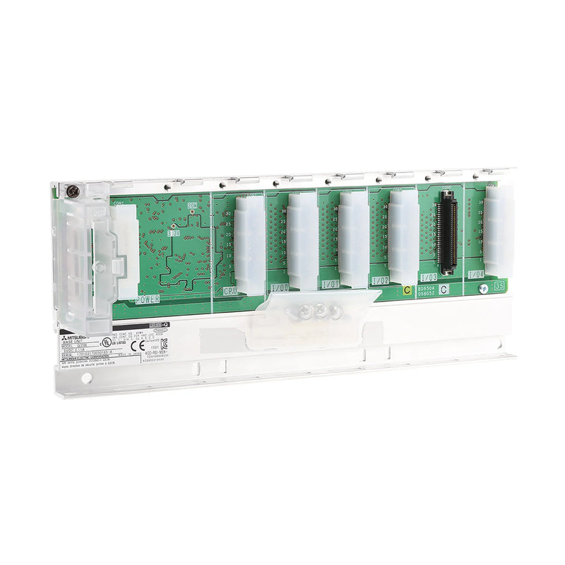 Mitsubishi Q35B base unit, 5 slots for CPU, power, I/O modules. Supports DIN rail or panel mounting.