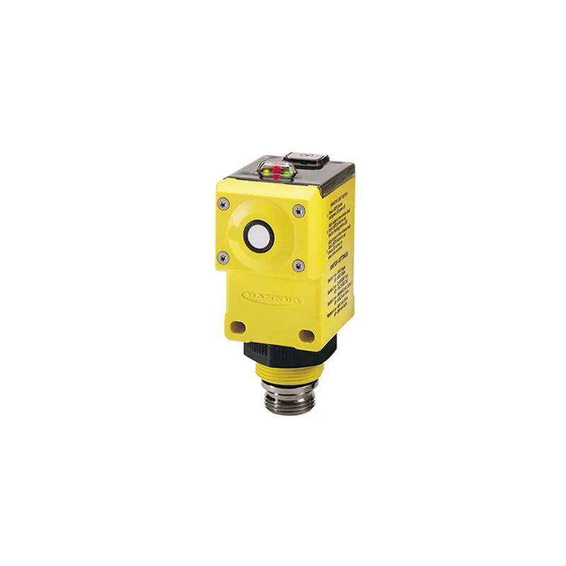 Ultrasonic sensor Q45ULIU64ACRQ6 with PNP output, IP67 housing for industrial object detection.