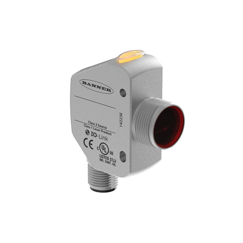 Banner Q4XTKLAF600-Q8 sensor with 600 mm range, stainless steel, IO-Link, IP69K protection.