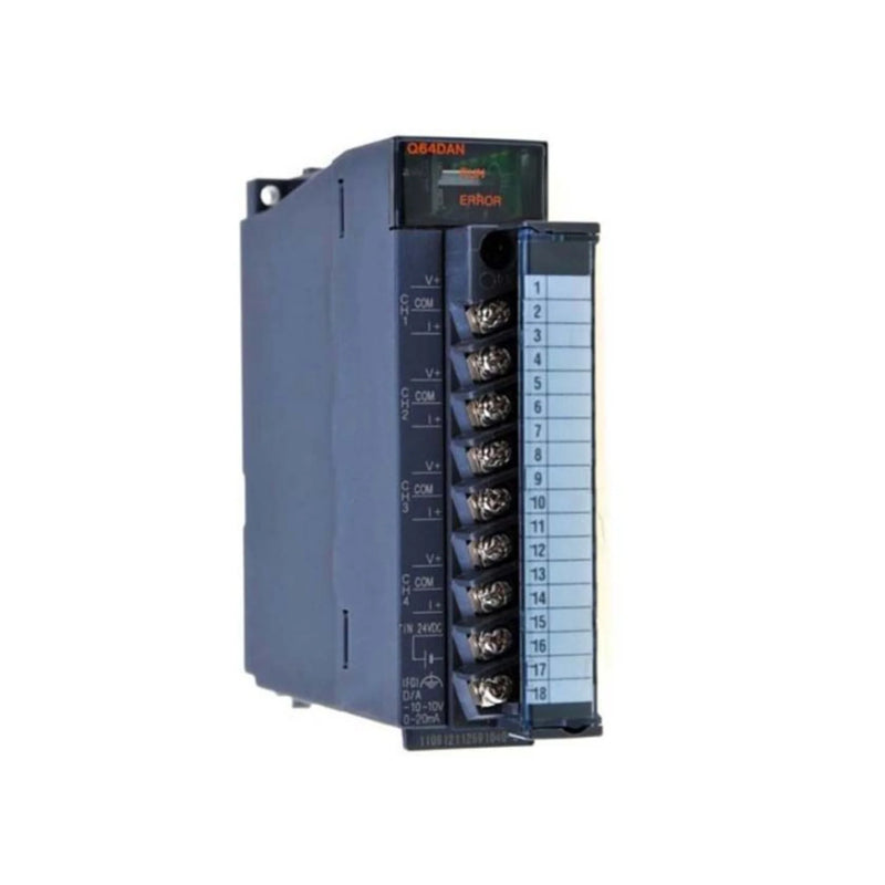 Mitsubishi Q64DAN analog module, 4-channel output, voltage and current, 12-bit resolution, within Q Series PLC.