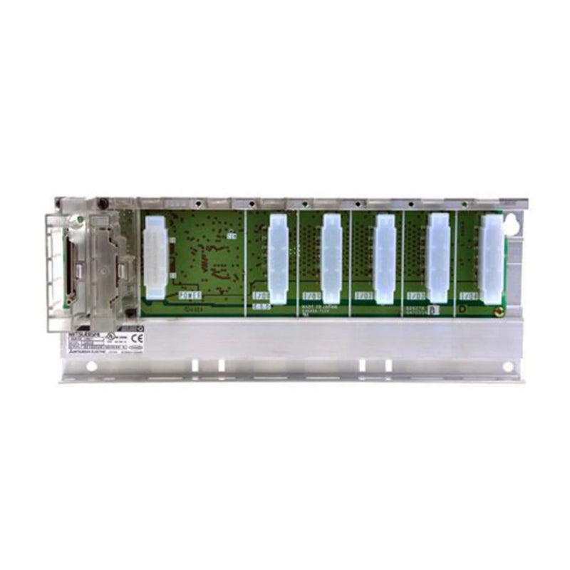 Mitsubishi Q65B unit with 6-slot rack for MELSEC-Q PLC modules, supports DIN and panel mount