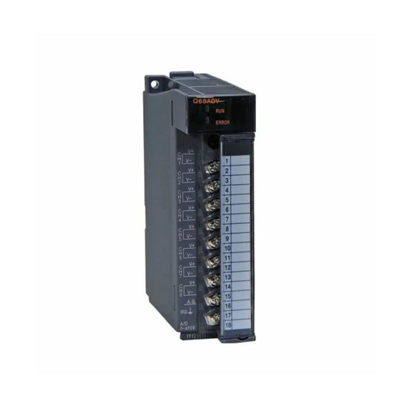 Q68ADV analog module, 8-channel, ±10V/0–10V/1–5V, 16-bit accuracy for Q Series PLC.