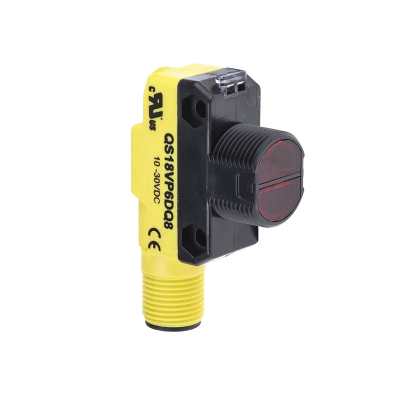 QS18VP6DQ8 sensor with PNP output and IP67 rating for industrial distance and object detection.