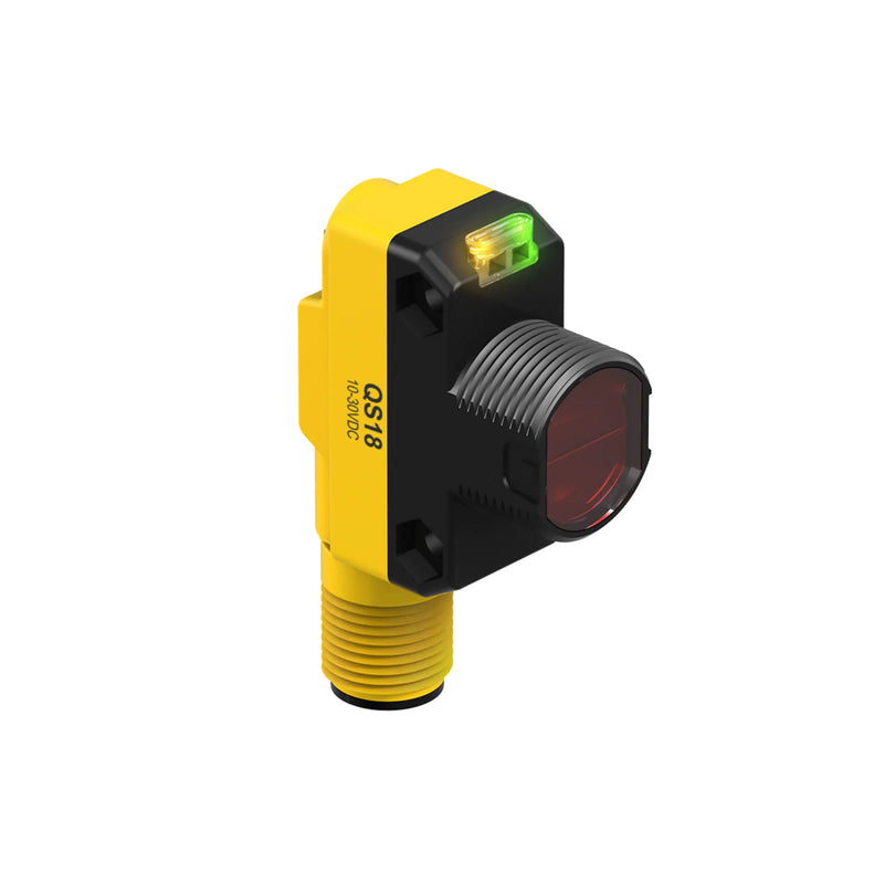 QS18VP6LVQ8 sensor with PNP output, IP67 housing for precise object detection in industrial settings.