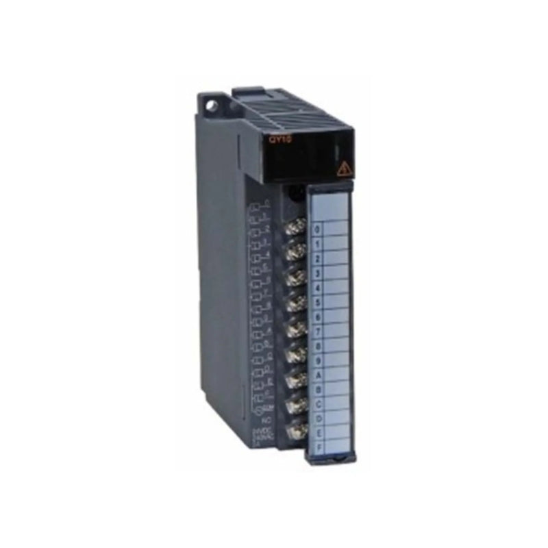 Mitsubishi QY10 output module, 8 points at 24V DC, compact design for Q-Series PLCs.