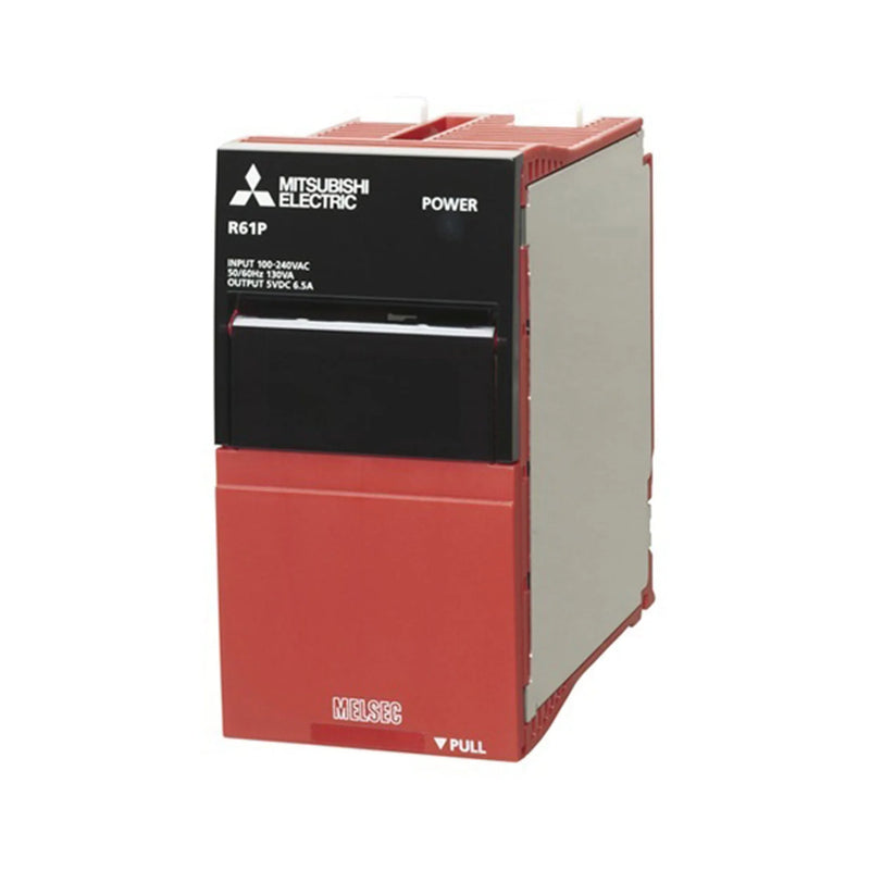 Compact Mitsubishi R61P PSU, 5V 6A output, 100-240V AC input, for MELSEC iQ-R PLCs.