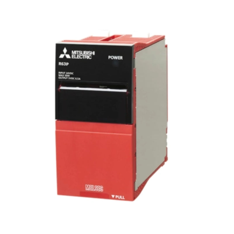 Mitsubishi R63P power supply for R Series PLC, supports 100–240V AC, compact DIN rail model