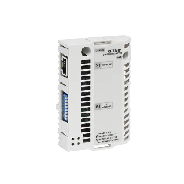 ABB RETA-01 Ethernet adapter for ACS drives. Enables Modbus TCP and Ethernet/IP communication. Easy plug-in design for industrial networks.