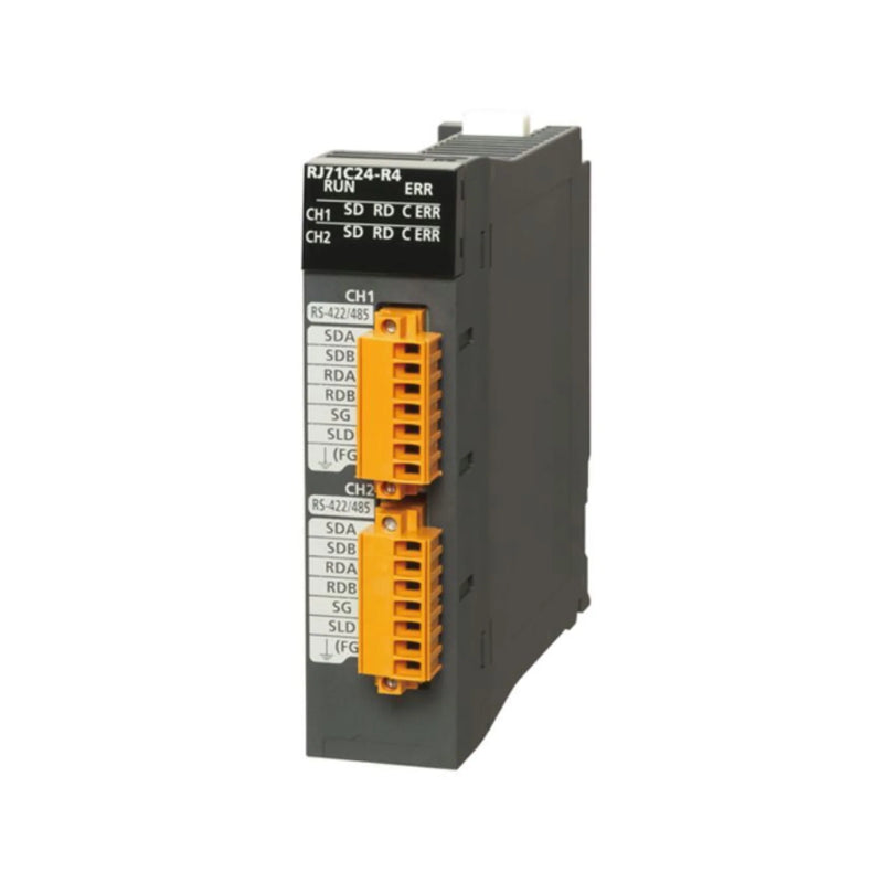 Mitsubishi RJ71C24‑R4 module, 4‑channel 24 V DC sink designed for iQ‑R PLC expansion.