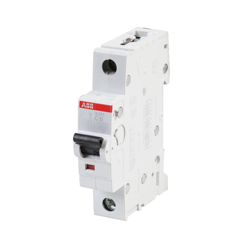 ABB S201-C10 MCB, 1-pole, 10 A, C curve, 6 kA, IEC 60898-1 breaker for residential and commercial circuit protection.