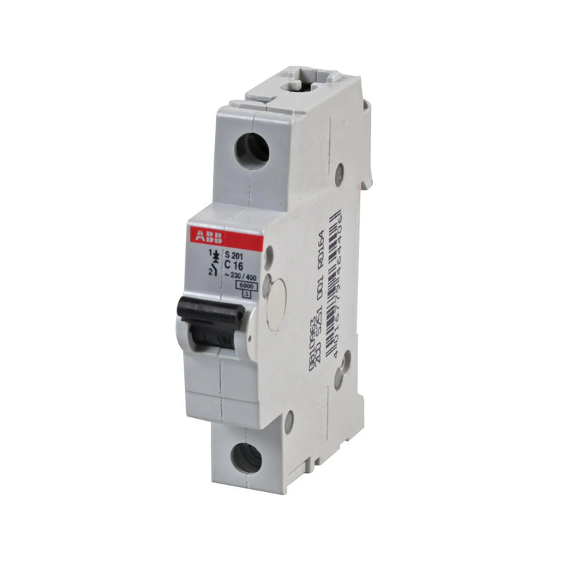 ABB S201-C16 MCB, 1-pole, 16 A, C curve, 6 kA, for overload and short-circuit protection.
