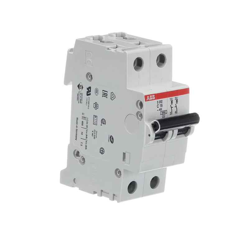 ABB S202-C16 MCB, 2-pole, 16 A, C curve, 400 V, for reliable electrical circuit protection.