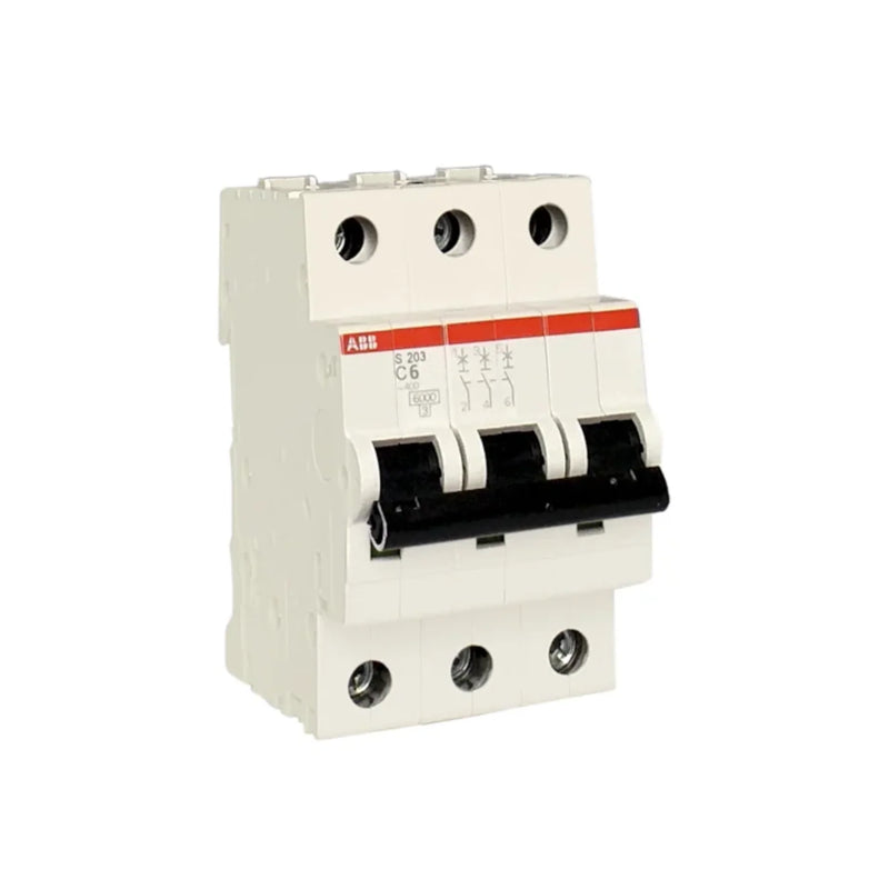 ABB S203-C6 miniature circuit breaker, 3-pole, 6A, type C, 10kA breaking capacity for industrial and commercial protection.