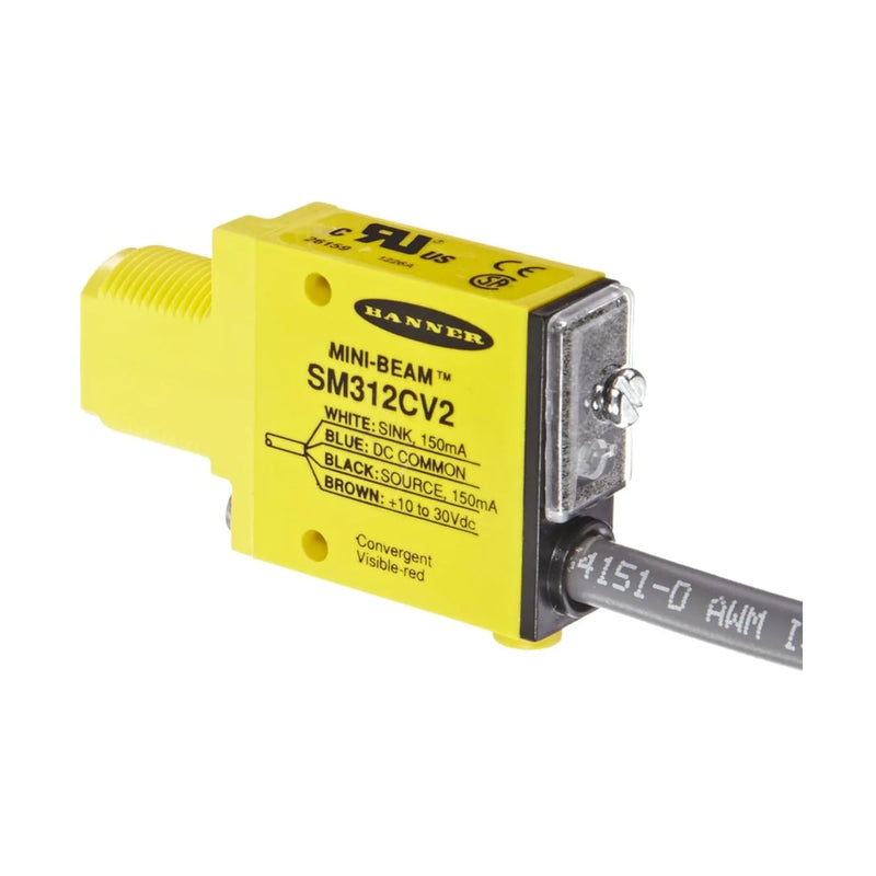 Mini beam sensor SM312CV2 with PNP output, compact IP67-rated housing for detecting objects in industrial settings.