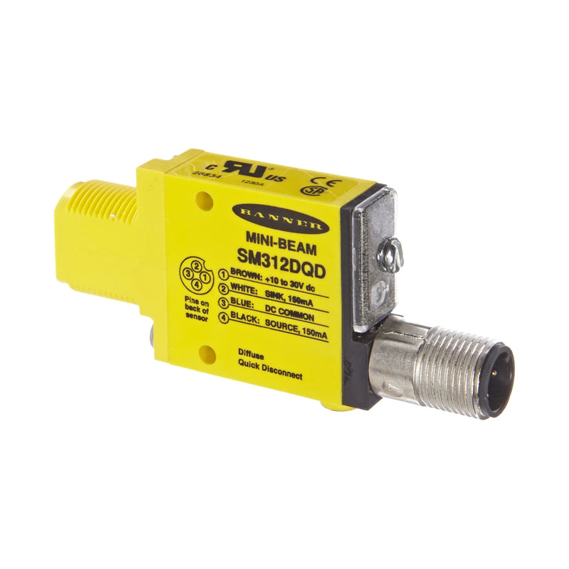 SM312DQD sensor by Banner Engineering, offering 200 mm range and 10–30 V DC, with QD connector.