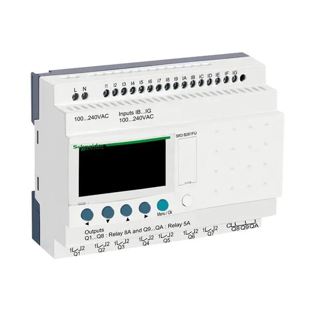 Schneider Electric SR3B261FU smart relay with 26 I/O, LCD display, and real-time clock