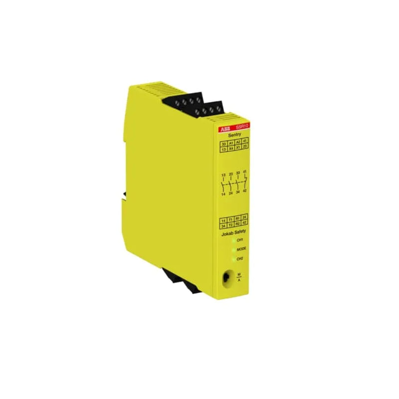 ABB SSR10 safety relay, 24 V DC, 2NO outputs, for emergency stop and gate monitoring.